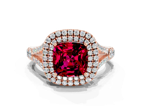Rose gold Double Halo Cushion Cut Garnet Pavé Split Shank Ring with Prong Setting
