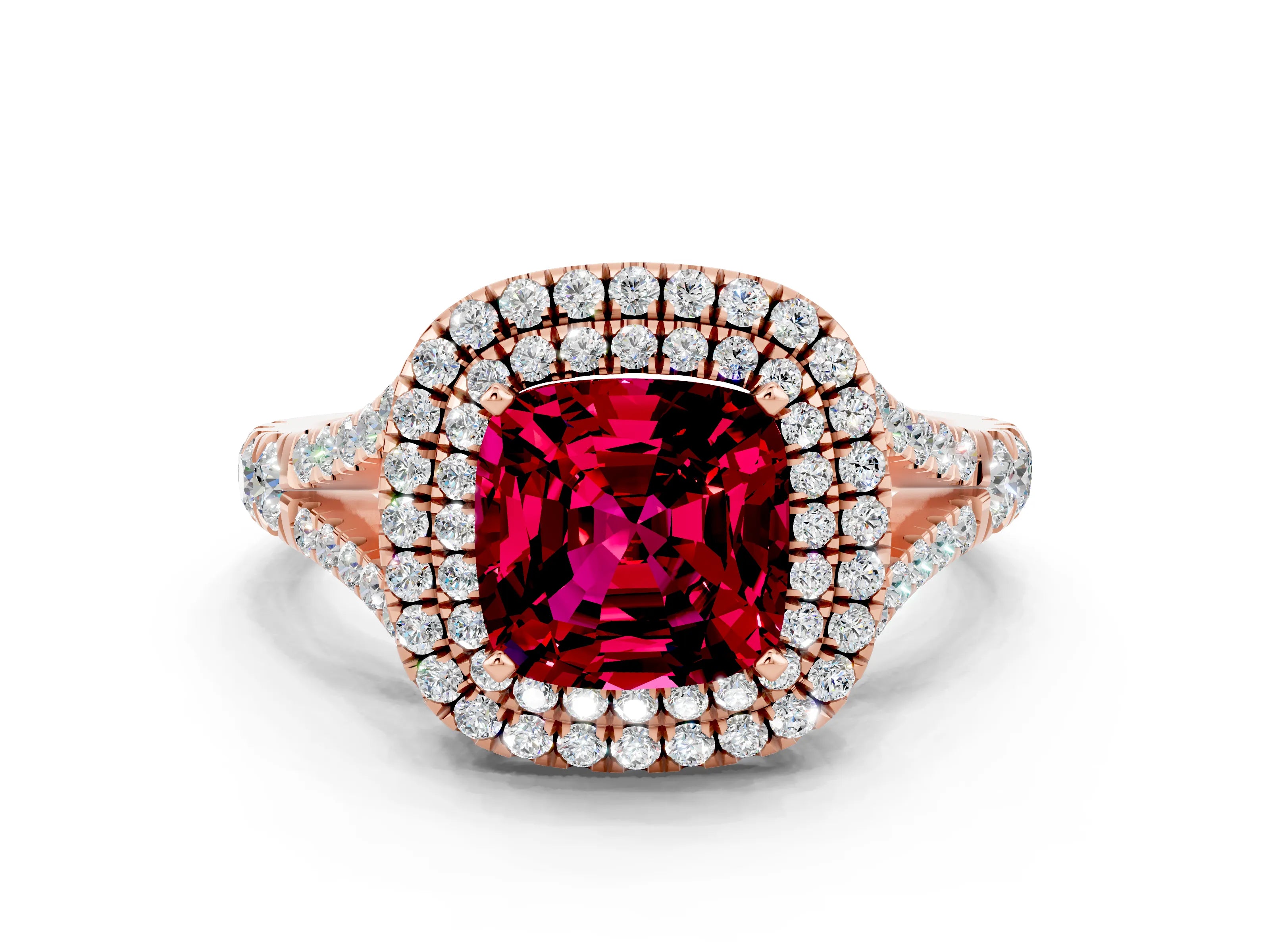 Rose gold Double Halo Cushion Cut Garnet Split Shank Engagement Ring with Four-Prong Setting