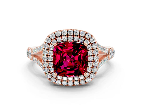 Rose gold Double Halo Cushion Cut Garnet Split Shank Engagement Ring with Four-Prong Setting