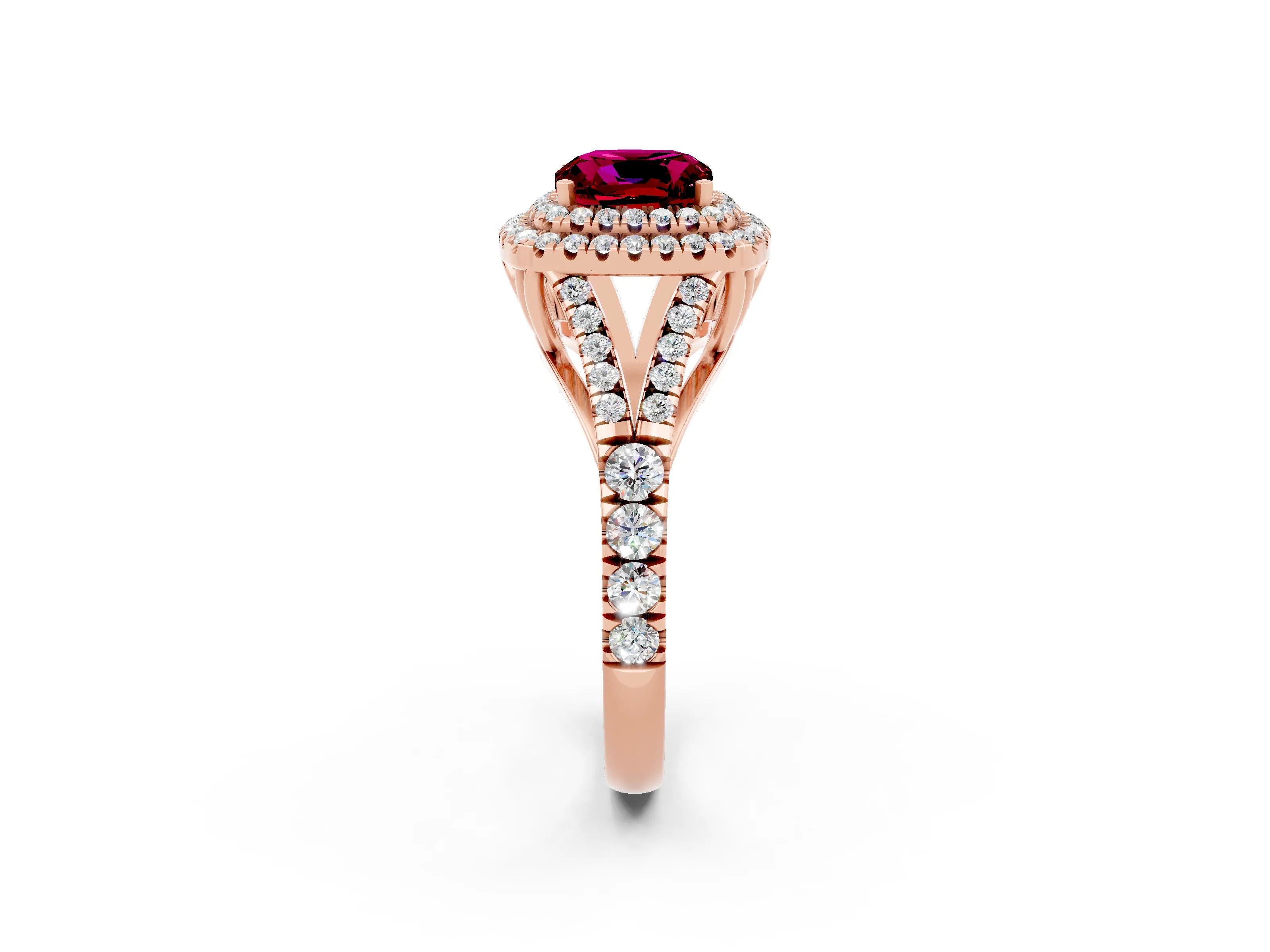 Rose gold Double Halo Cushion Cut Garnet Split Shank Engagement Ring with Four-Prong Setting_2