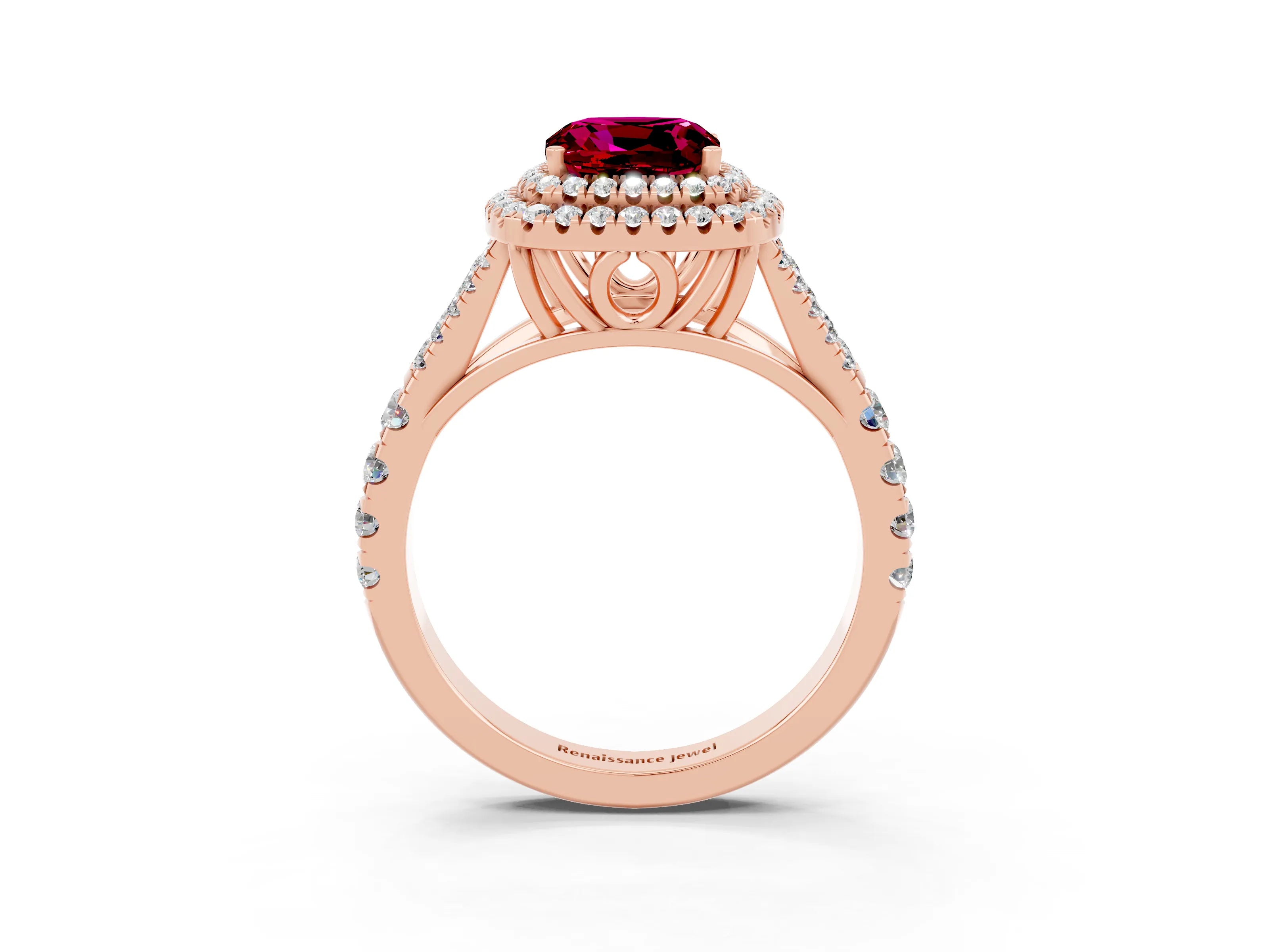Rose gold Double Halo Cushion Cut Garnet Split Shank Engagement Ring with Four-Prong Setting_3