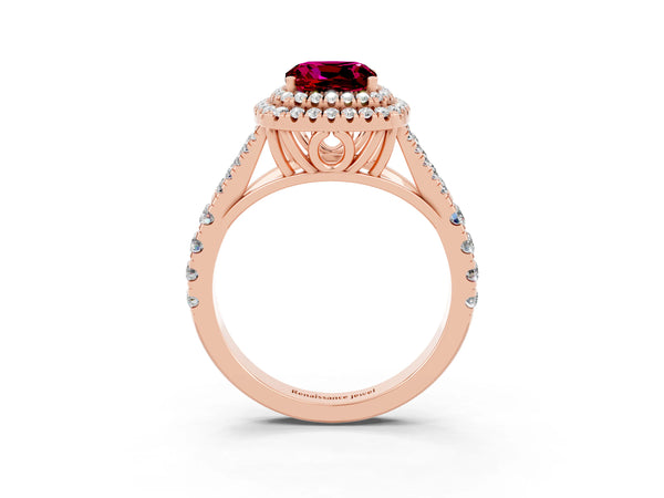 Rose gold Double Halo Cushion Cut Garnet Split Shank Engagement Ring with Four-Prong Setting