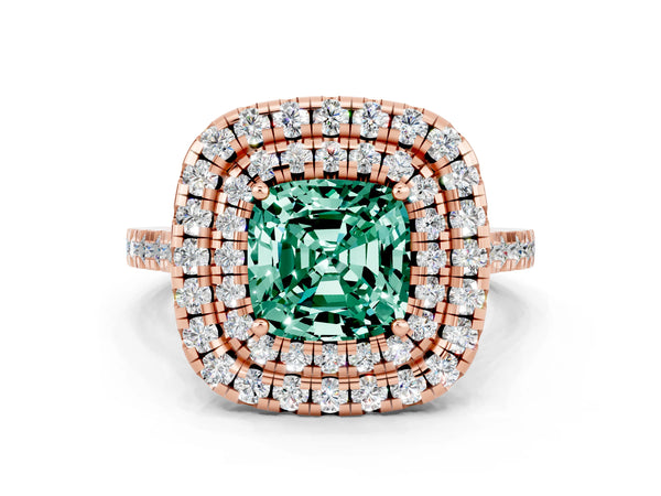 Rose gold Double Halo Cushion Cut Green Sapphire Pavé Band with Four-Prong Setting