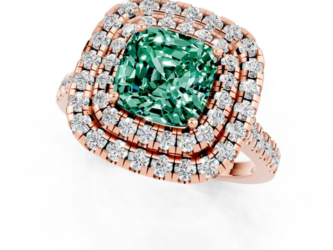 Rose gold Double Halo Cushion Cut Green Sapphire Pavé Band with Four-Prong Setting_1