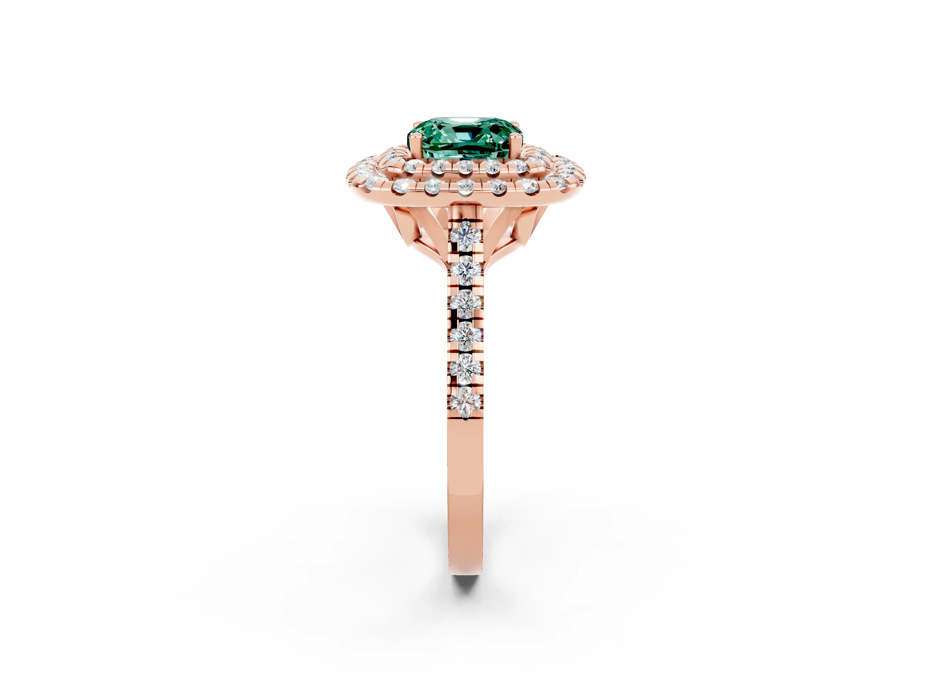 Rose gold Double Halo Cushion Cut Green Sapphire Pavé Band with Four-Prong Setting_2