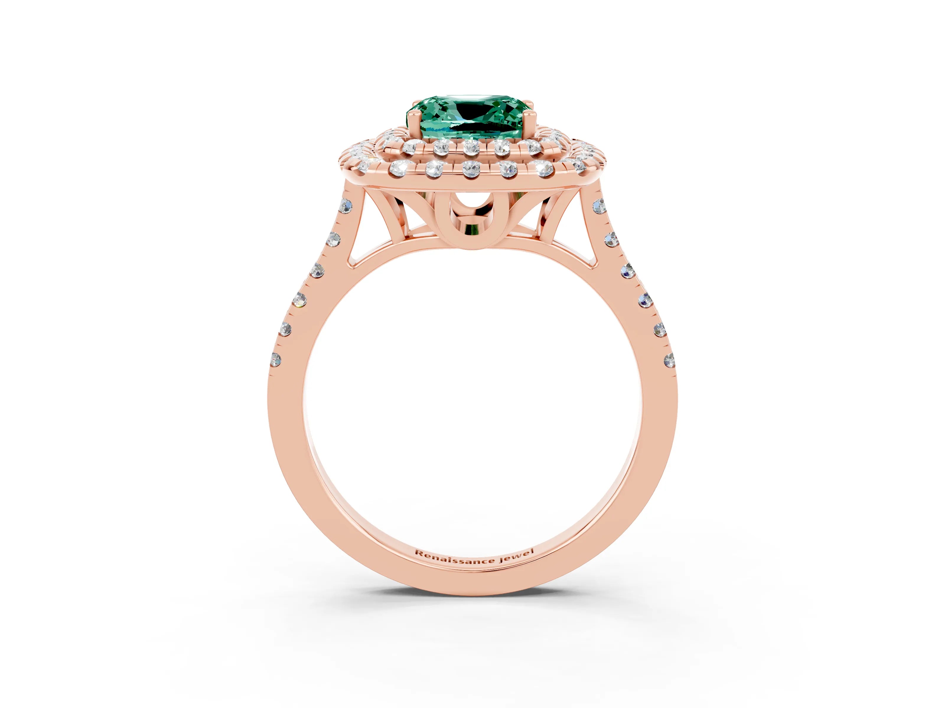 Rose gold Double Halo Cushion Cut Green Sapphire Pavé Band with Four-Prong Setting_3