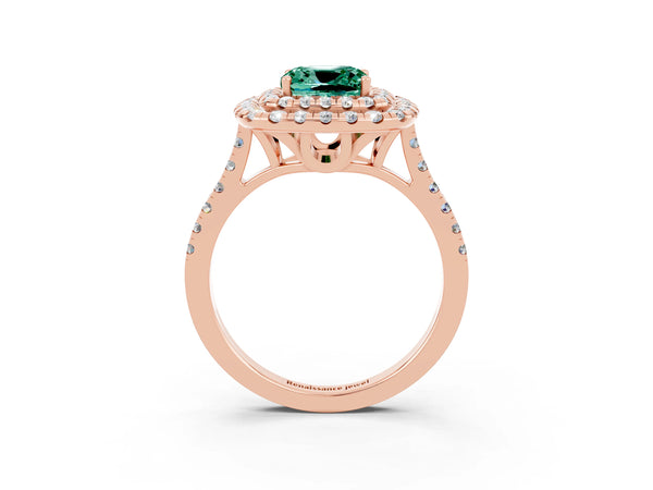 Rose gold Double Halo Cushion Cut Green Sapphire Pavé Band with Four-Prong Setting