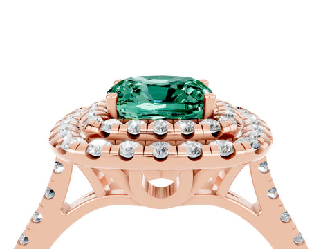 Rose gold Double Halo Cushion Cut Green Sapphire Pavé Band with Four-Prong Setting_4