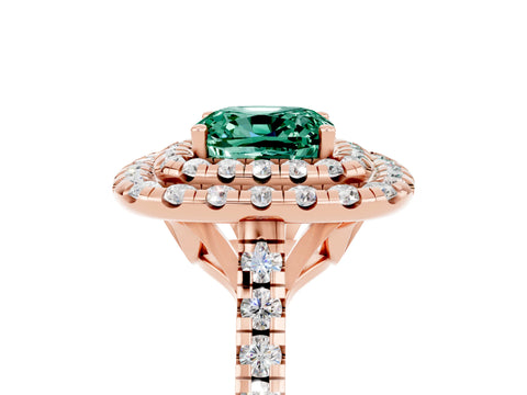 Rose gold Double Halo Cushion Cut Green Sapphire Pavé Band with Four-Prong Setting_5
