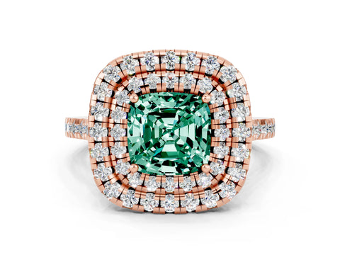Rose gold Double Halo Cushion Cut Green Sapphire Pavé Band with Four-Prong Setting