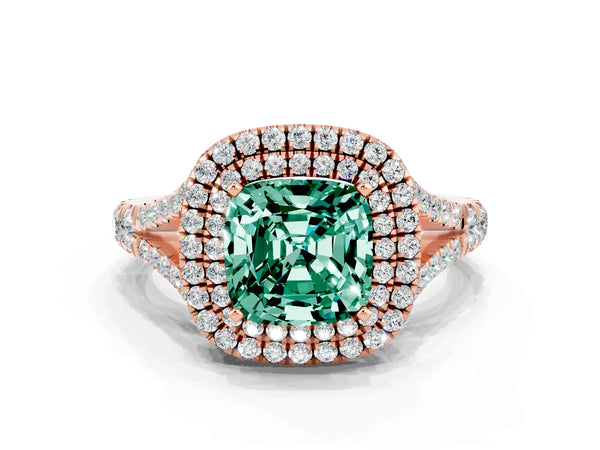 Rose gold Double Halo Cushion Cut Green Sapphire Pavé Split Shank Ring with Prong Setting