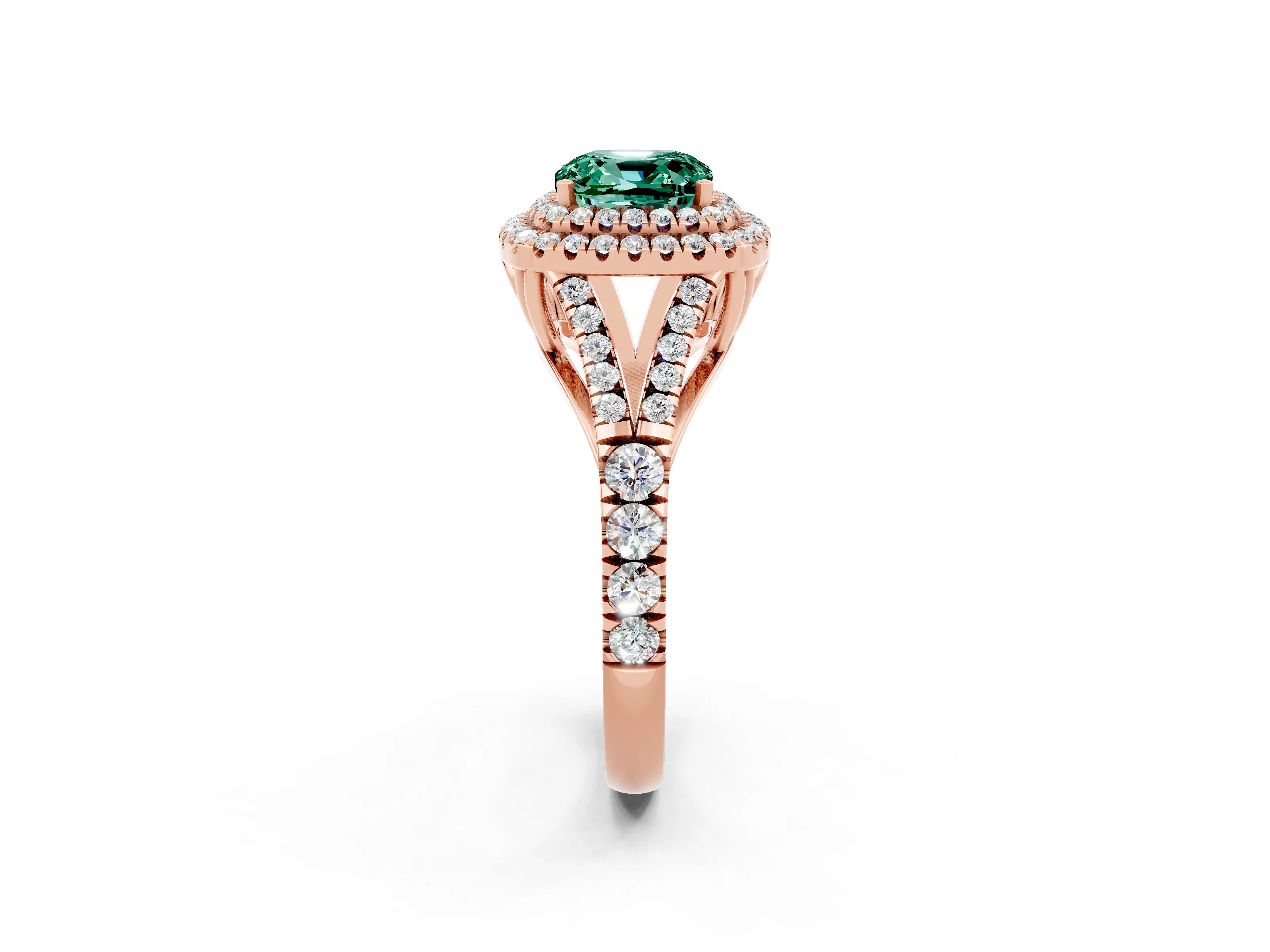 Rose gold Double Halo Cushion Cut Green Sapphire Pavé Split Shank Ring with Prong Setting_2