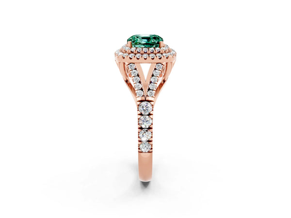 Rose gold Double Halo Cushion Cut Green Sapphire Pavé Split Shank Ring with Prong Setting