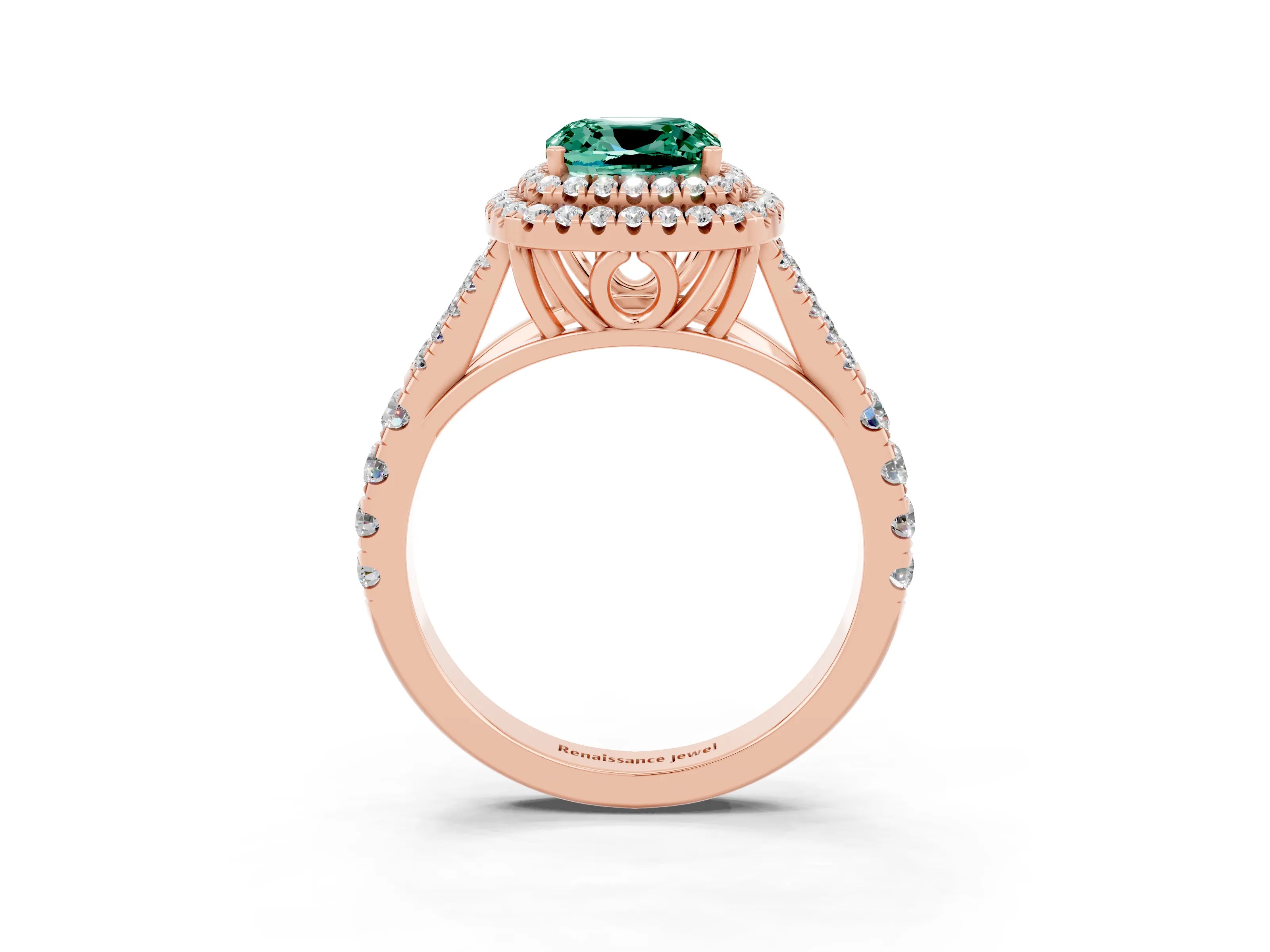 Rose gold Double Halo Cushion Cut Green Sapphire Pavé Split Shank Ring with Prong Setting_3
