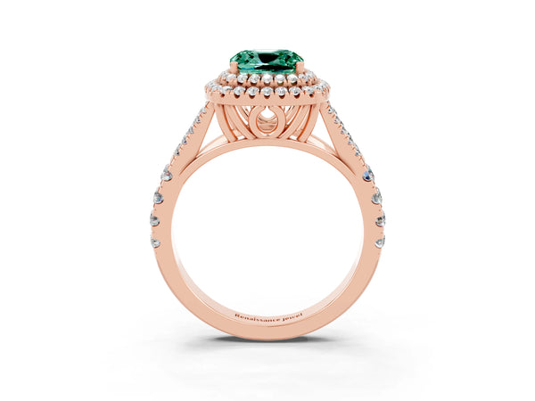 Rose gold Double Halo Cushion Cut Green Sapphire Pavé Split Shank Ring with Prong Setting