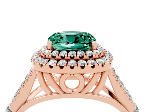 Rose gold Double Halo Cushion Cut Green Sapphire Pavé Split Shank Ring with Prong Setting_4