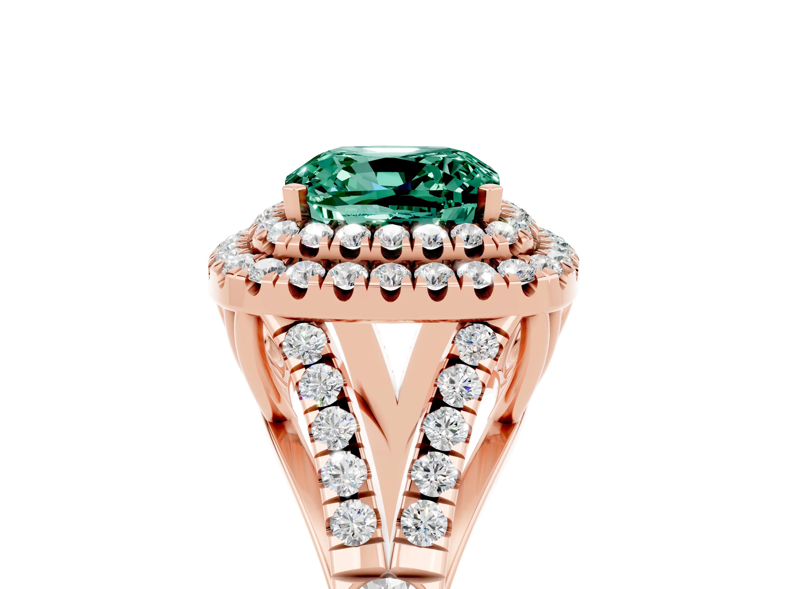 Rose gold Double Halo Cushion Cut Green Sapphire Pavé Split Shank Ring with Prong Setting_5