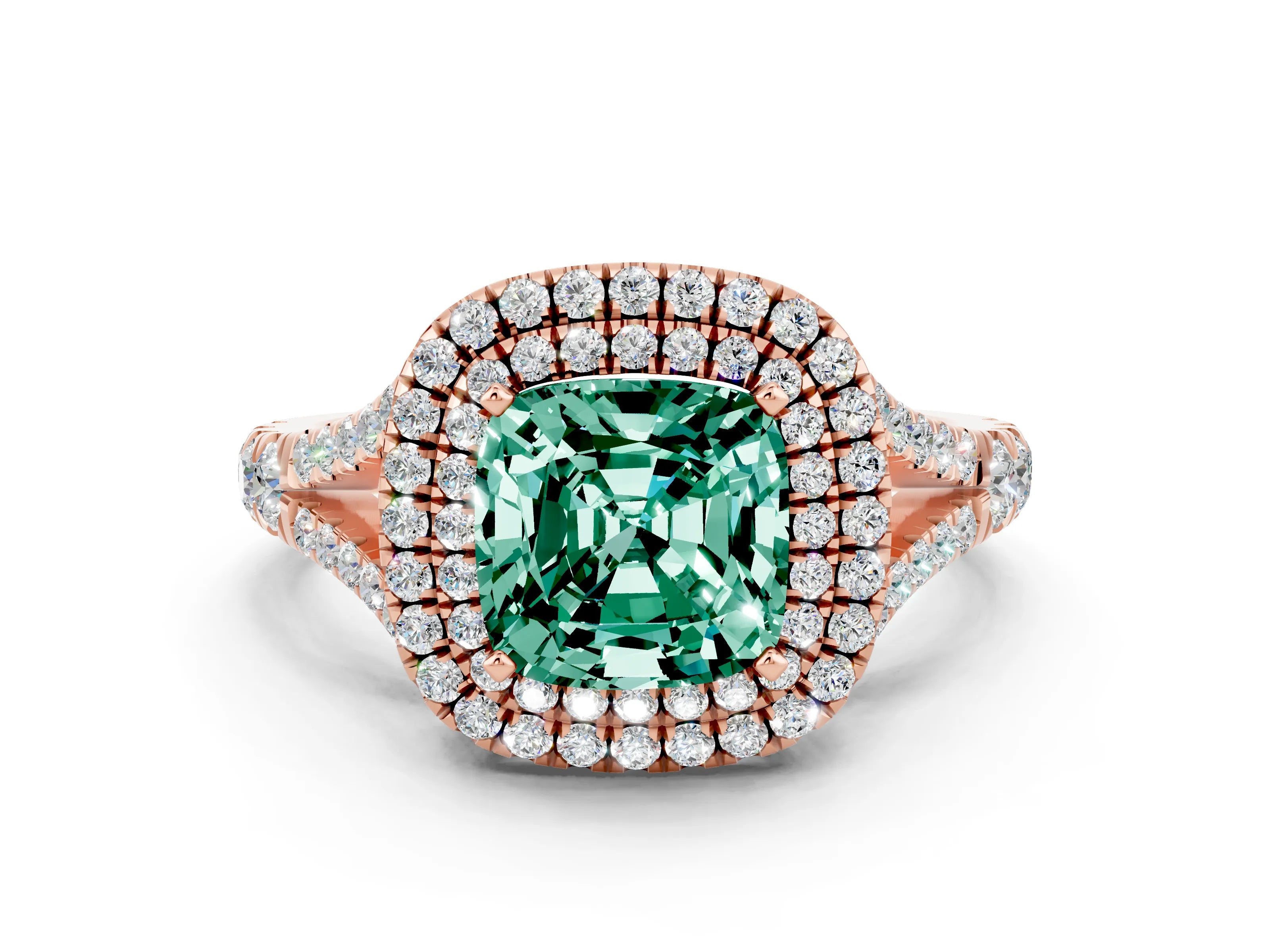 Rose gold Double Halo Cushion Cut Green Sapphire Split Shank Engagement Ring with Four-Prong Setting