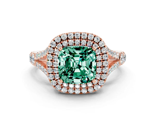 Rose gold Double Halo Cushion Cut Green Sapphire Split Shank Engagement Ring with Four-Prong Setting
