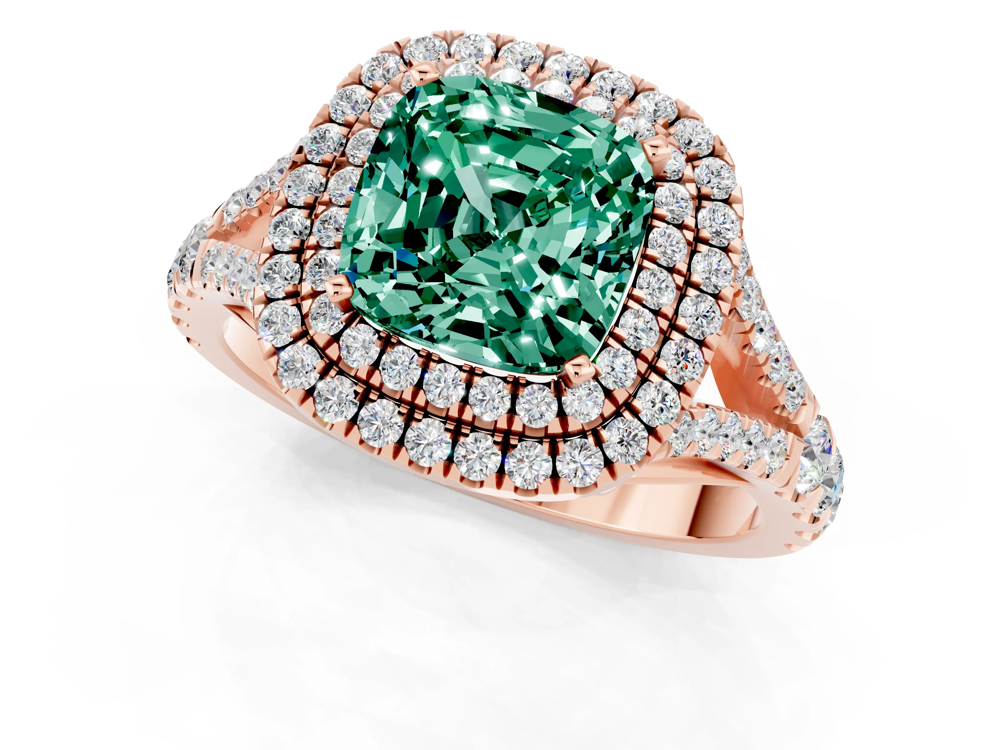 Rose gold Double Halo Cushion Cut Green Sapphire Split Shank Engagement Ring with Four-Prong Setting_1