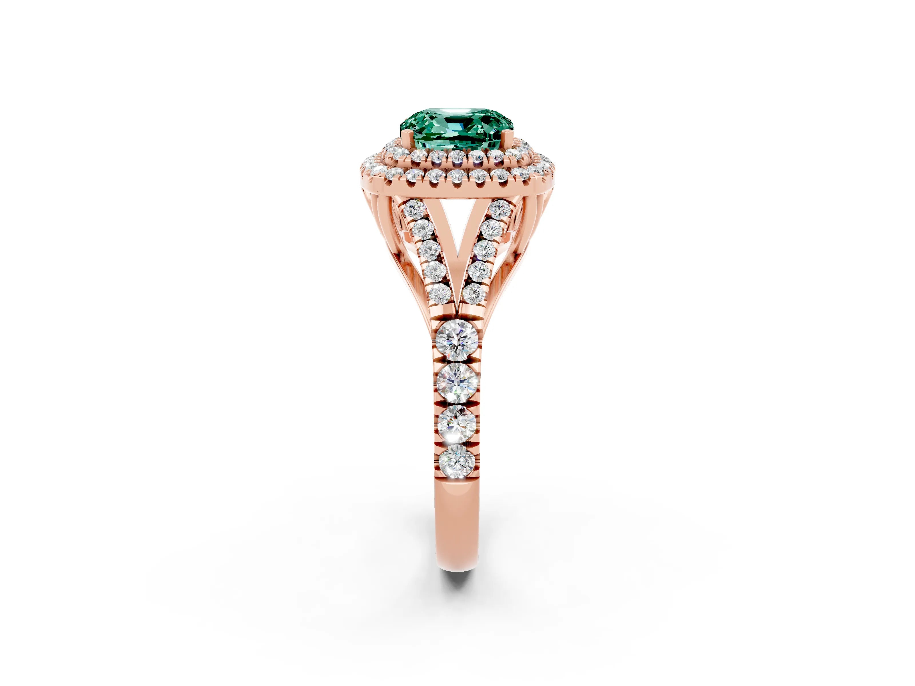 Rose gold Double Halo Cushion Cut Green Sapphire Split Shank Engagement Ring with Four-Prong Setting_2