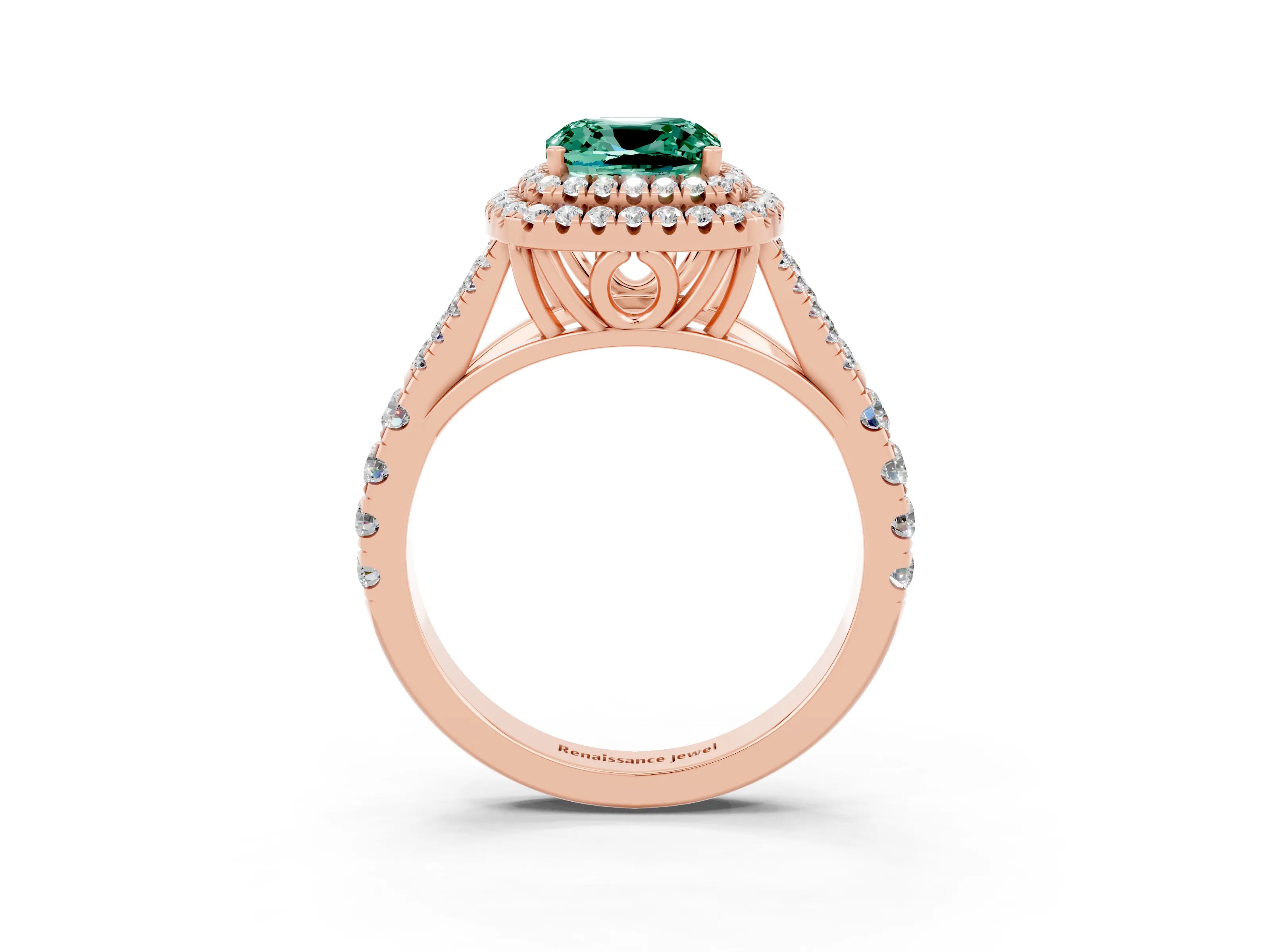 Rose gold Double Halo Cushion Cut Green Sapphire Split Shank Engagement Ring with Four-Prong Setting_3