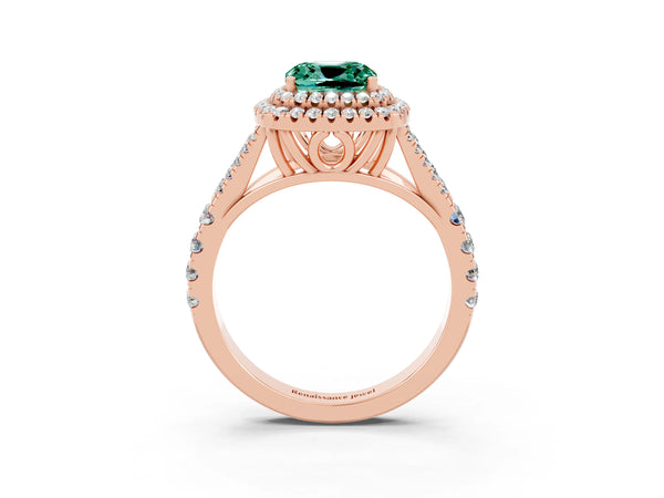 Rose gold Double Halo Cushion Cut Green Sapphire Split Shank Engagement Ring with Four-Prong Setting