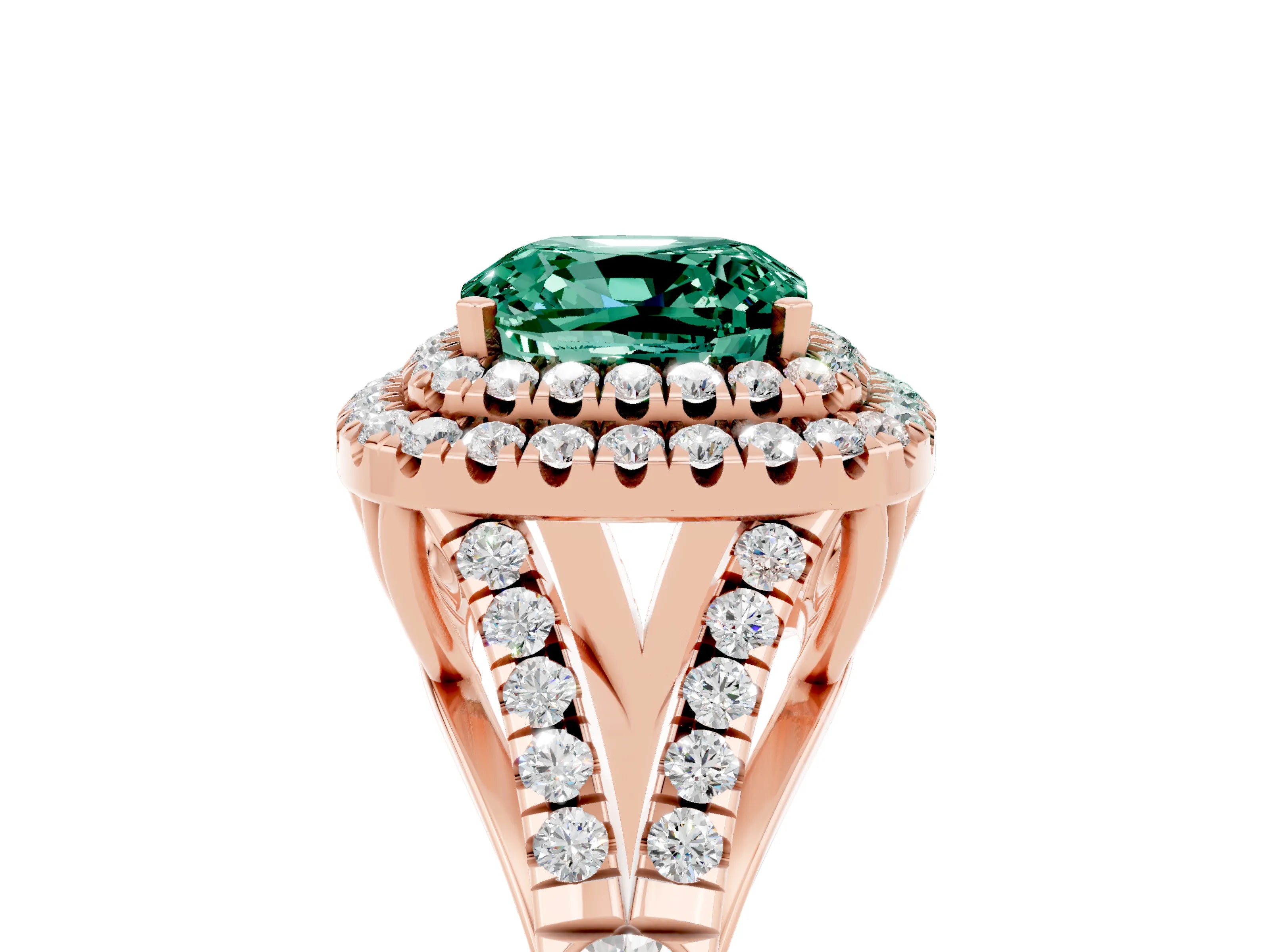 Rose gold Double Halo Cushion Cut Green Sapphire Split Shank Engagement Ring with Four-Prong Setting_5