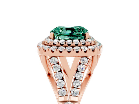 Rose gold Double Halo Cushion Cut Green Sapphire Split Shank Engagement Ring with Four-Prong Setting_5