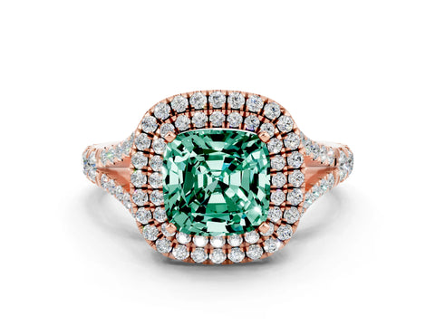 Rose gold Double Halo Cushion Cut Green Sapphire Split Shank Engagement Ring with Four-Prong Setting