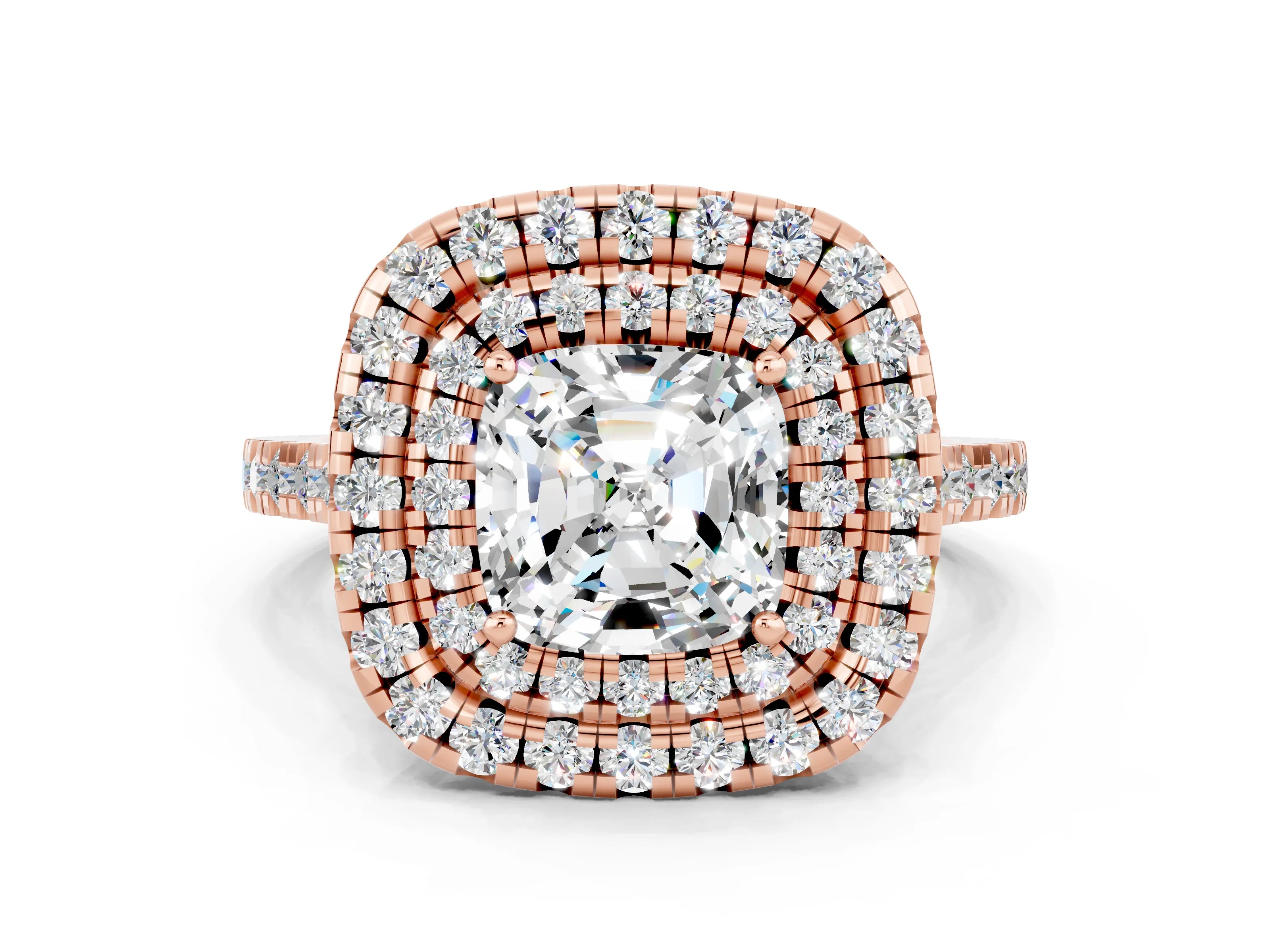 Rose gold Double Halo Cushion Cut Moissanite Pavé Band with Four-Prong Setting