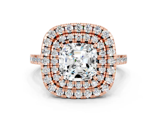 Rose gold Double Halo Cushion Cut Moissanite Pavé Band with Four-Prong Setting