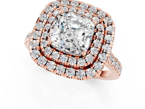 Rose gold Double Halo Cushion Cut Moissanite Pavé Band with Four-Prong Setting_1