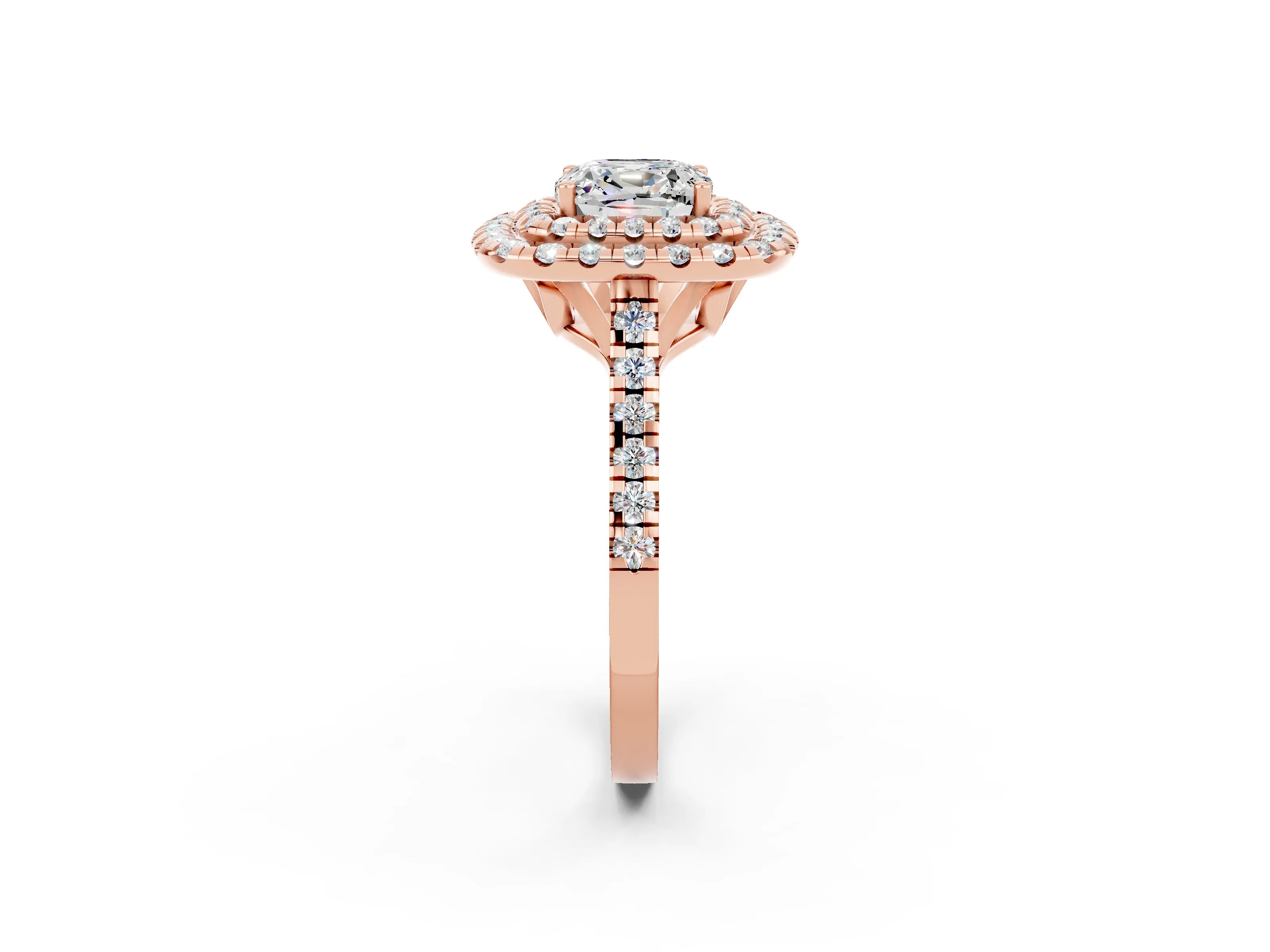 Rose gold Double Halo Cushion Cut Moissanite Pavé Band with Four-Prong Setting_2