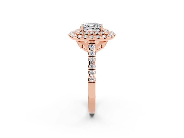 Rose gold Double Halo Cushion Cut Moissanite Pavé Band with Four-Prong Setting