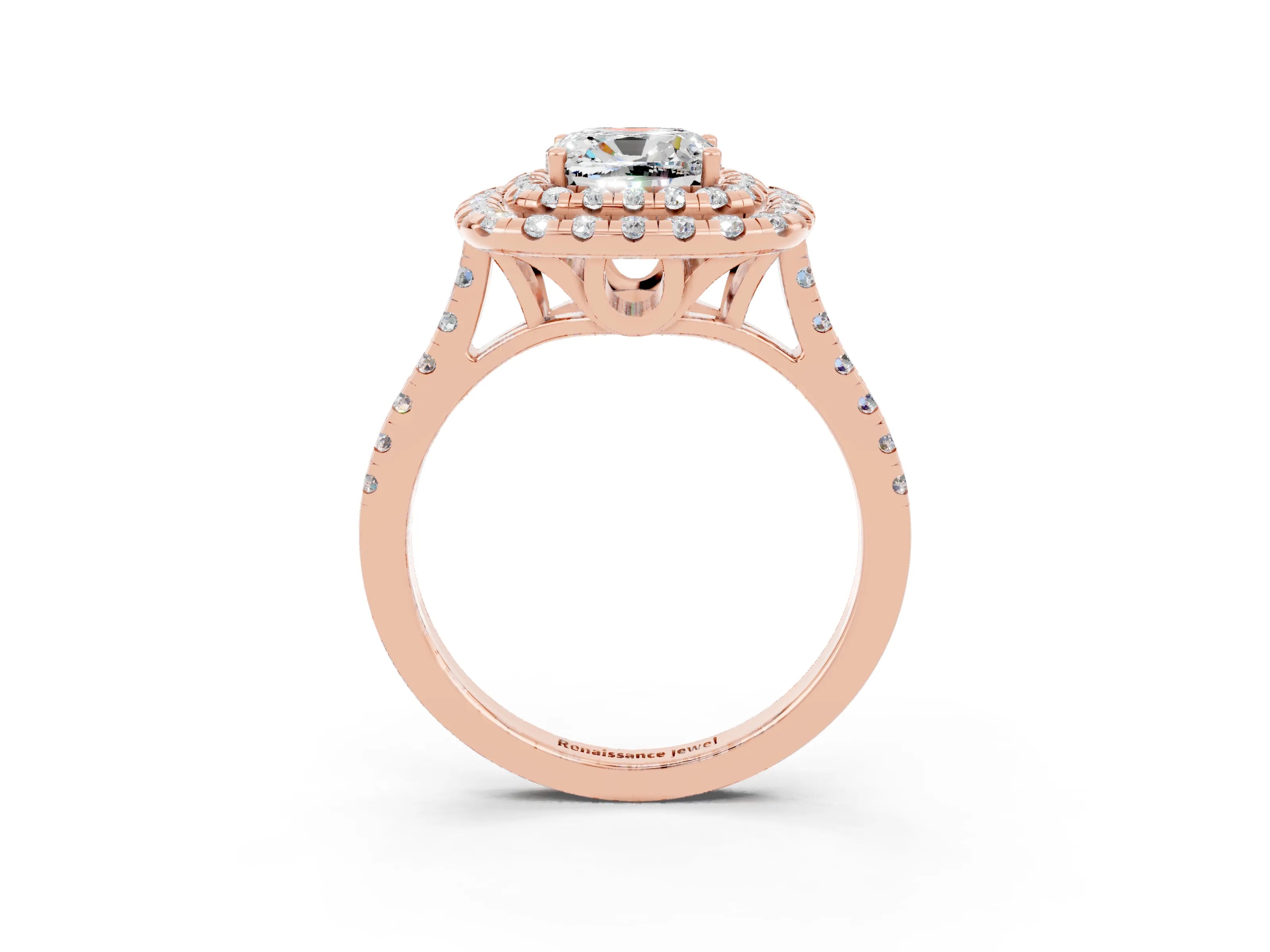 Rose gold Double Halo Cushion Cut Moissanite Pavé Band with Four-Prong Setting_3