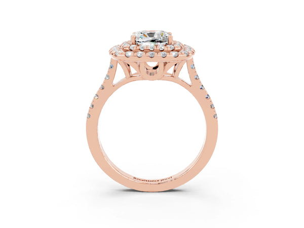 Rose gold Double Halo Cushion Cut Moissanite Pavé Band with Four-Prong Setting