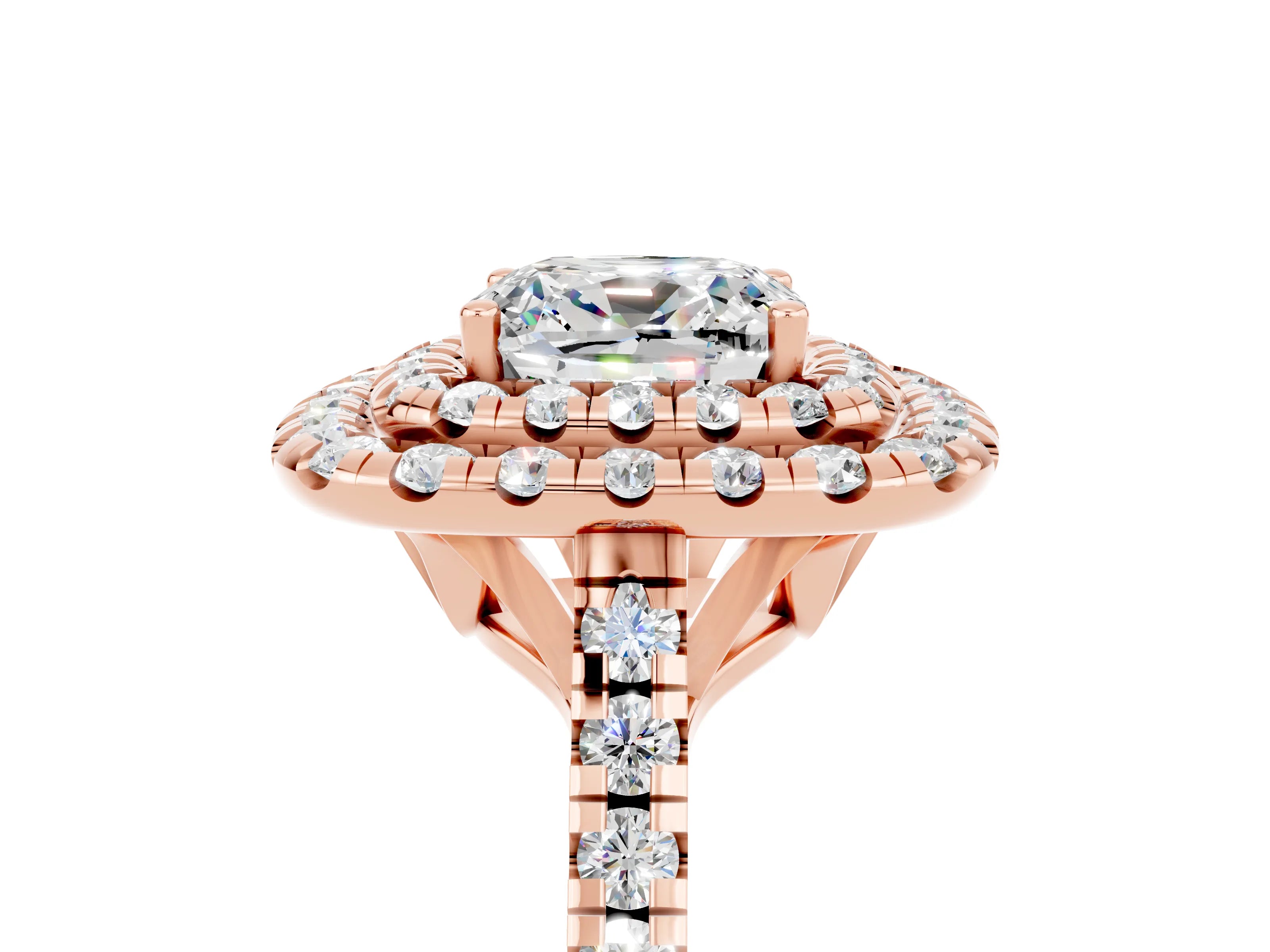 Rose gold Double Halo Cushion Cut Moissanite Pavé Band with Four-Prong Setting_5