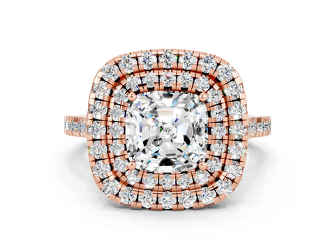 Rose gold Double Halo Cushion Cut Moissanite Pavé Band with Four-Prong Setting