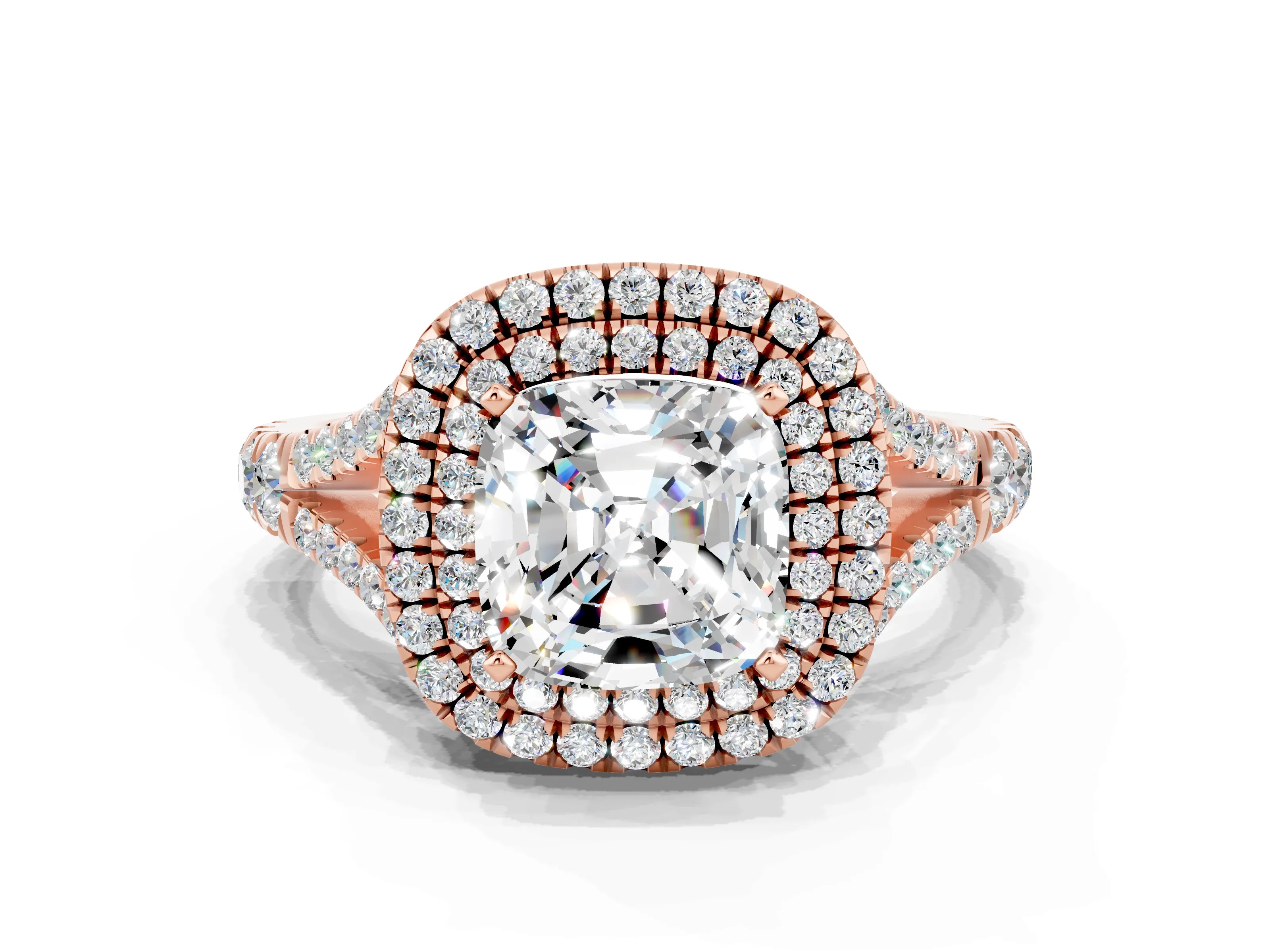 Rose gold Double Halo Cushion Cut Moissanite Pavé Split Shank Ring with Prong Setting