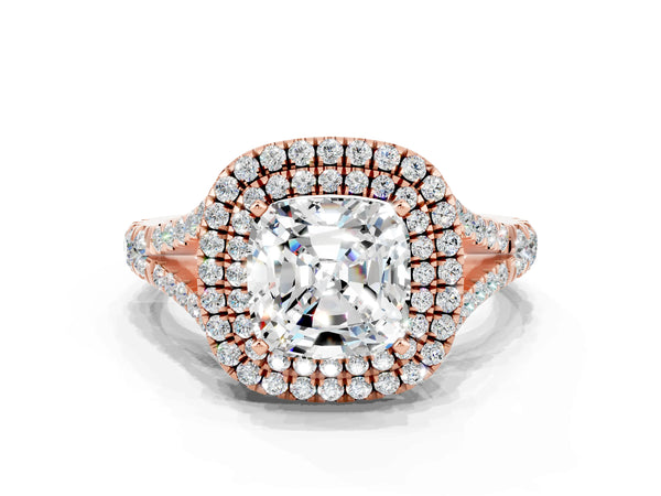 Rose gold Double Halo Cushion Cut Moissanite Pavé Split Shank Ring with Prong Setting