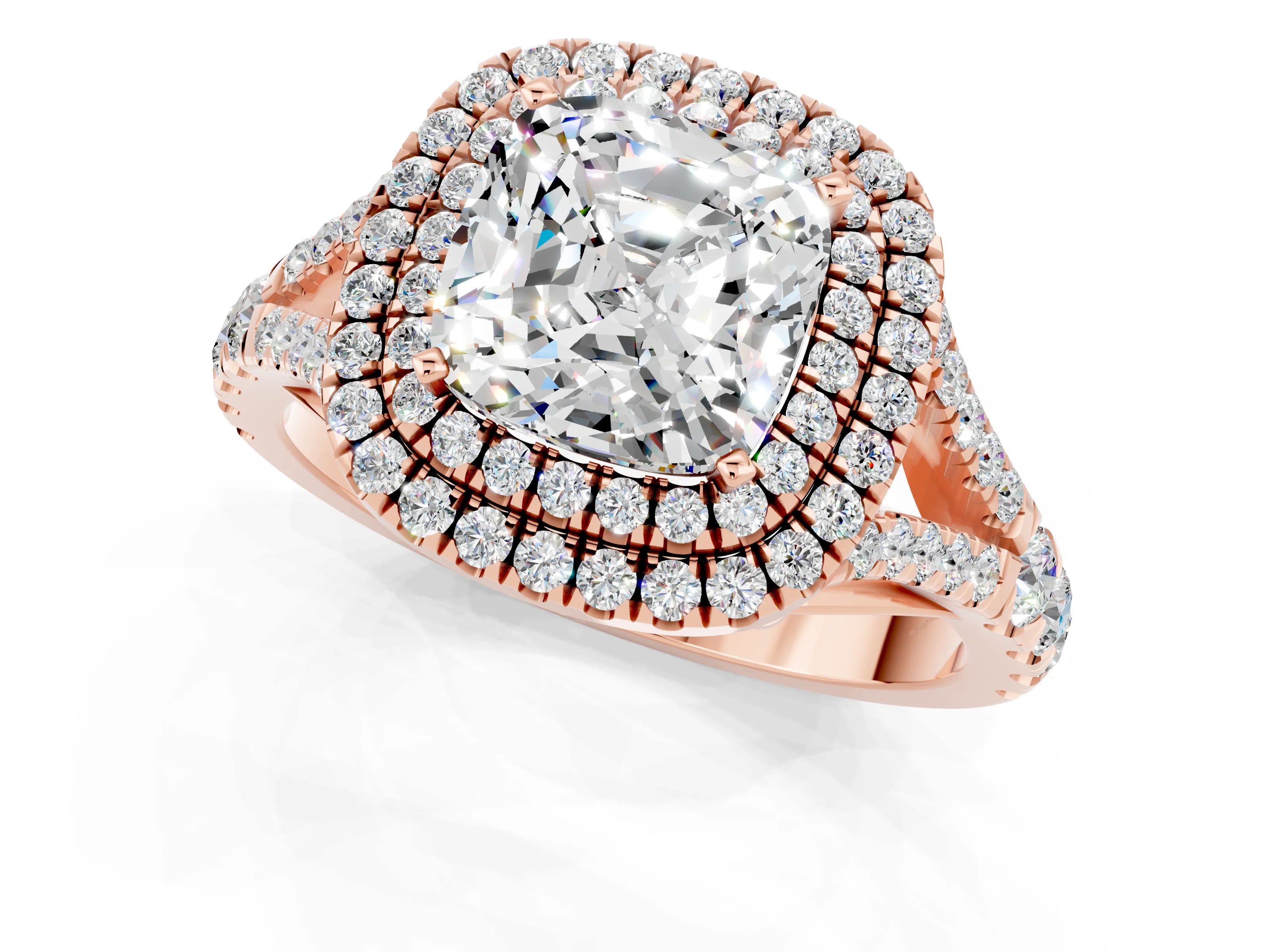 Rose gold Double Halo Cushion Cut Moissanite Pavé Split Shank Ring with Prong Setting_1