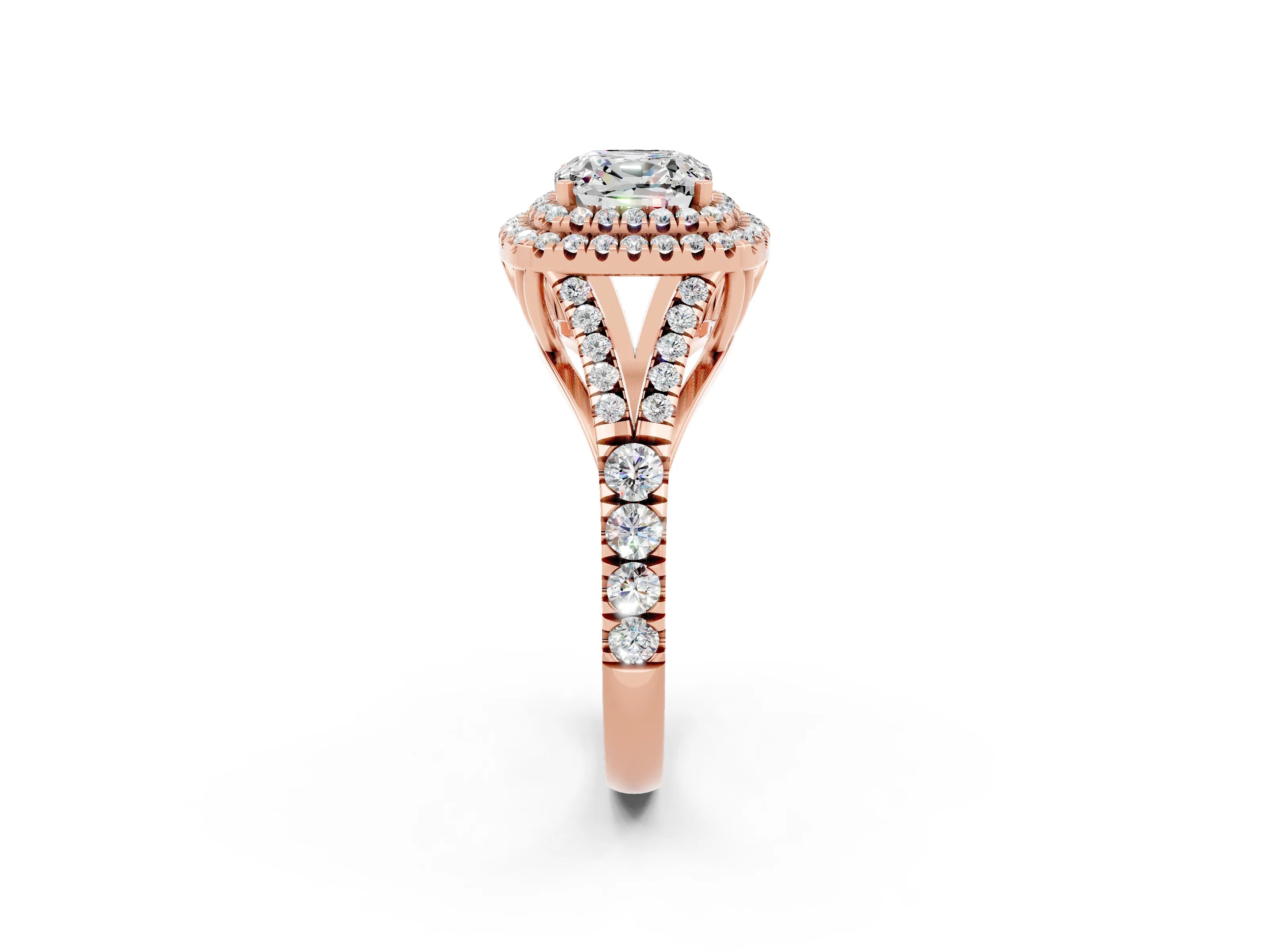 Rose gold Double Halo Cushion Cut Moissanite Pavé Split Shank Ring with Prong Setting_2