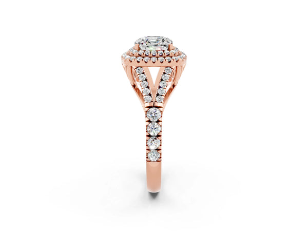 Rose gold Double Halo Cushion Cut Moissanite Pavé Split Shank Ring with Prong Setting