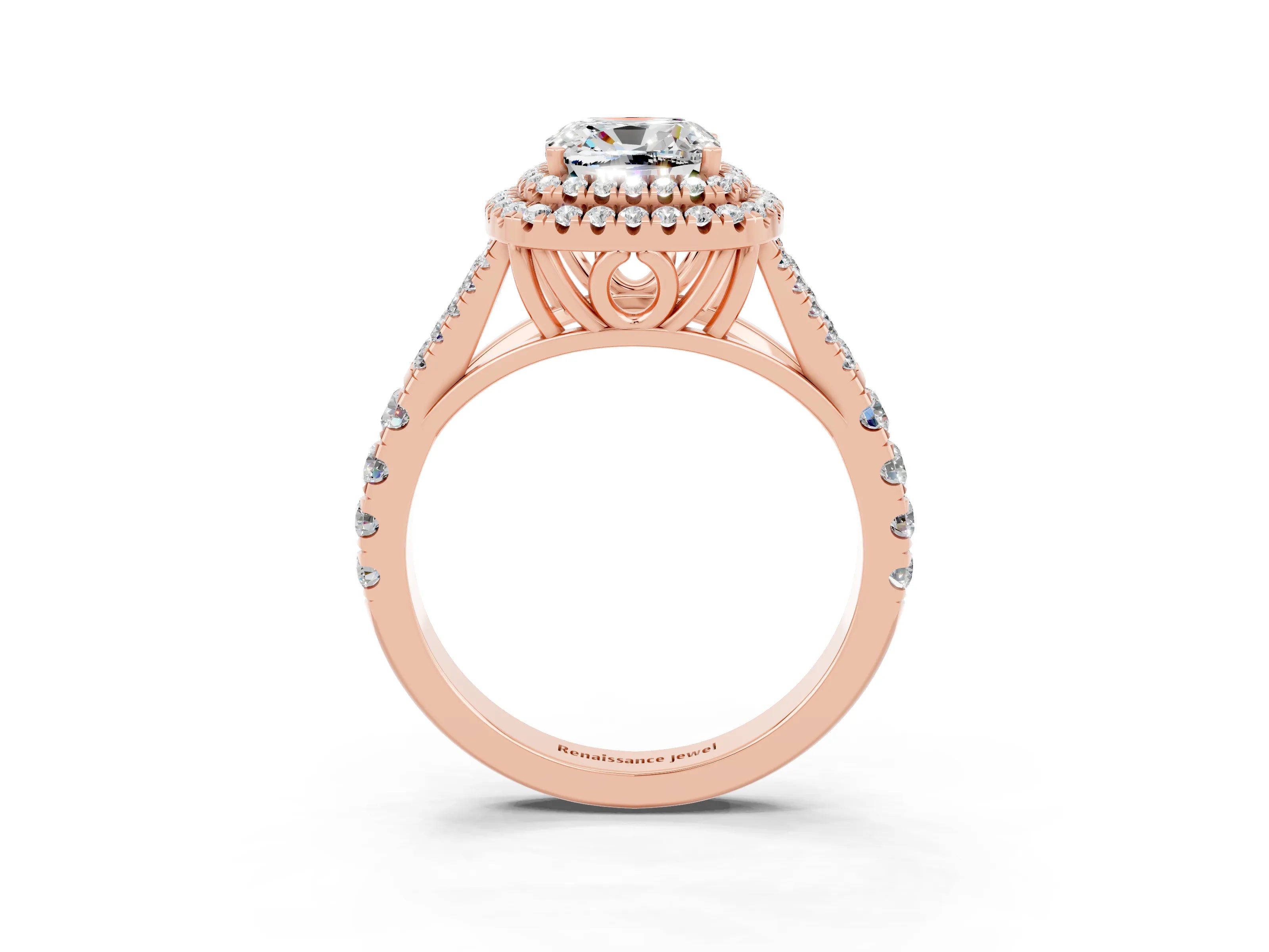 Rose gold Double Halo Cushion Cut Moissanite Pavé Split Shank Ring with Prong Setting_3