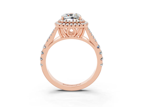 Rose gold Double Halo Cushion Cut Moissanite Pavé Split Shank Ring with Prong Setting