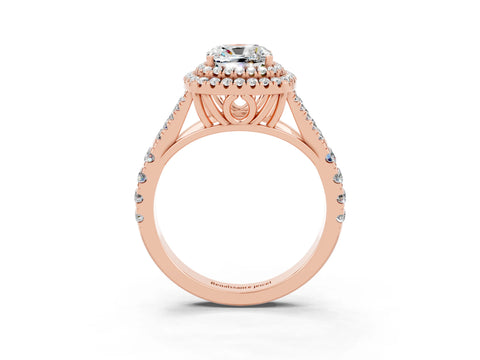 Rose gold Double Halo Cushion Cut Moissanite Pavé Split Shank Ring with Prong Setting_3
