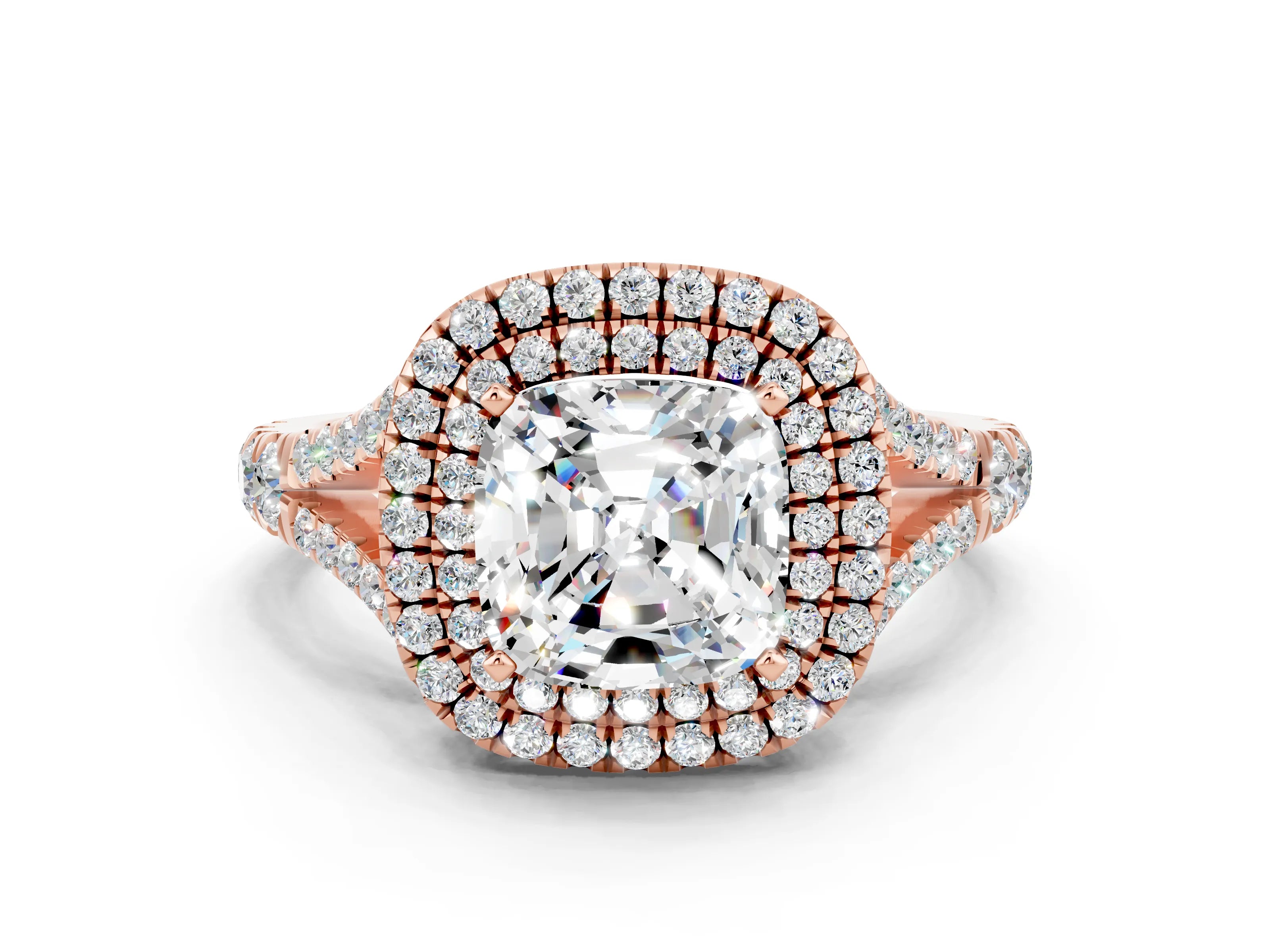 Rose gold Double Halo Cushion Cut Moissanite Split Shank Engagement Ring with Four-Prong Setting