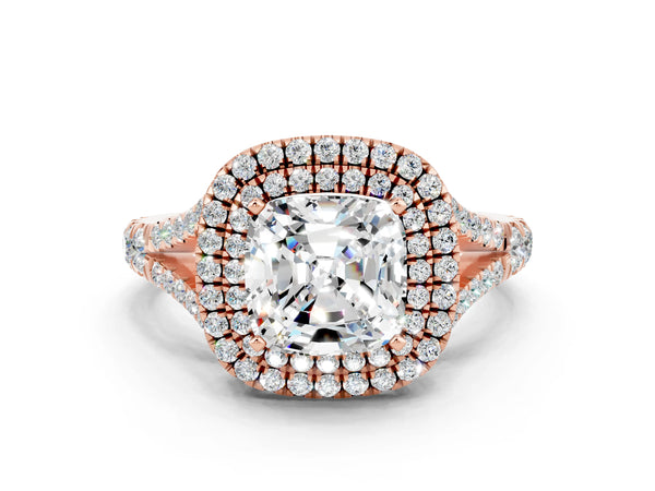 Rose gold Double Halo Cushion Cut Moissanite Split Shank Engagement Ring with Four-Prong Setting