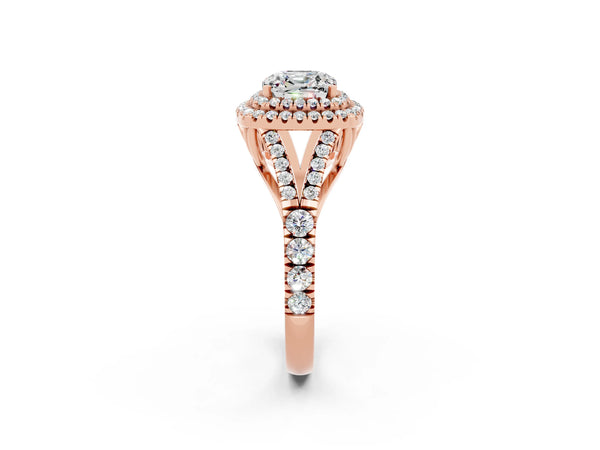 Rose gold Double Halo Cushion Cut Moissanite Split Shank Engagement Ring with Four-Prong Setting